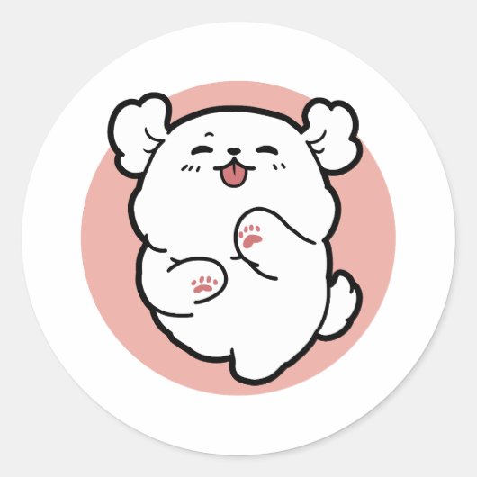 ハロー! – ハッピーホワイトドッグ漫画デザイン ラウンドシール (正面)