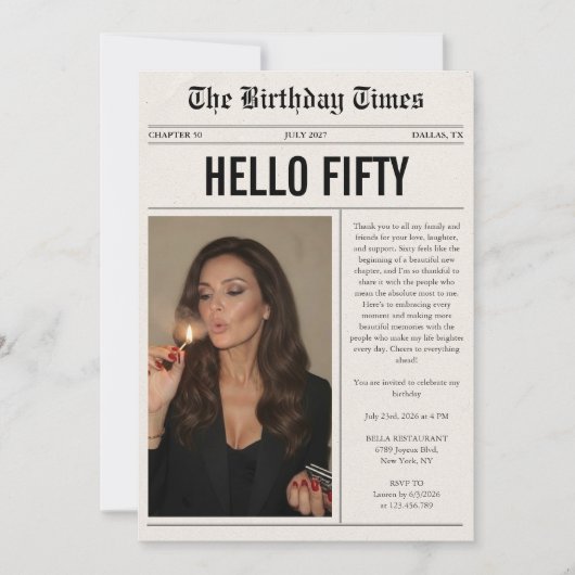 ハロー・フィフティ・フォト・新聞 50歳の誕生日 招待状 (正面)