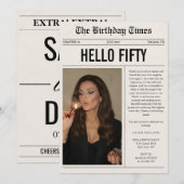 ハロー・フィフティ・フォト・新聞 50歳の誕生日 招待状 (正面/裏面)