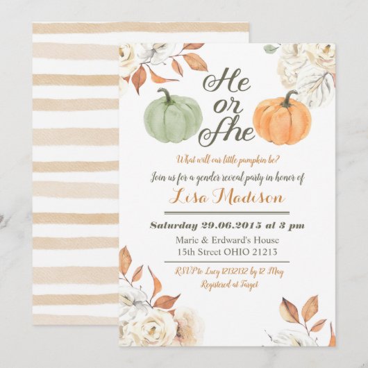 ハロー・ベイビー かぼちゃの秋 性別発表 招待状 (正面/裏面)