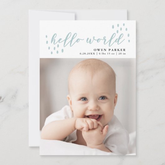 ハロー・ワールド |ブルードットベビーフォト誕生 案内状 (正面)