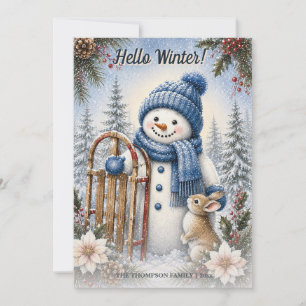 ハロー 冬の雪だるま うさぎ 水彩画 シーズンカード