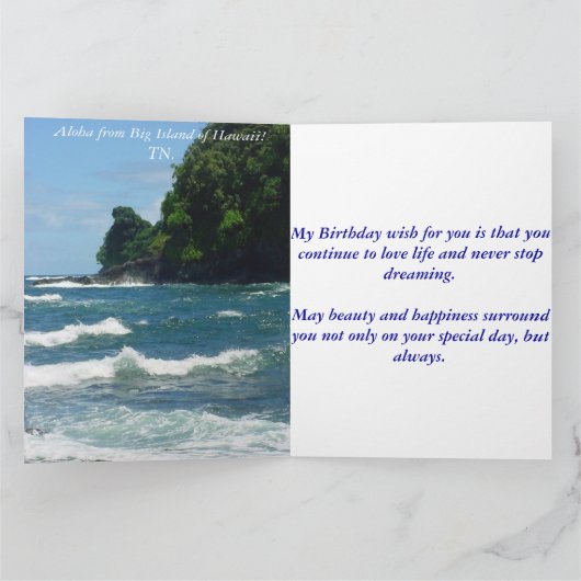 ハワイからのハッピーバースデーの郵便はがきの青い海! カード (内部)