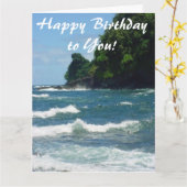 ハワイからのハッピーバースデーの郵便はがきの青い海! カード (黄色い花)