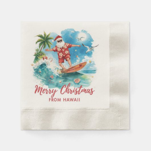 ハワイでサンタクロースとクリスマスサーフィン 縁ありカクテルナプキン (正面)