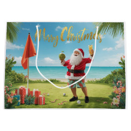 ハワイでサンタクロースとゴルフをするクリスマス ラージペーパーバッグ