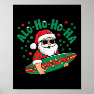 ハワイでサーフィンを楽しむアロハなサンタクロースのクリスマス ポスター