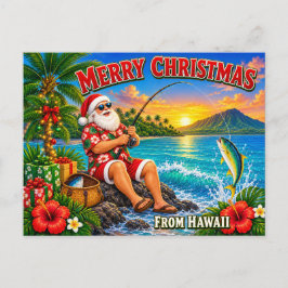 ハワイで釣りをするサンタのクリスマスTシャツ シーズンポストカード
