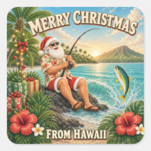 ハワイで釣りをするサンタのクリスマスTシャツ