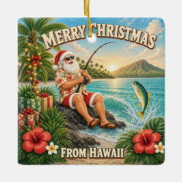 ハワイで釣りをするサンタのクリスマスTシャツ セラミックオーナメント