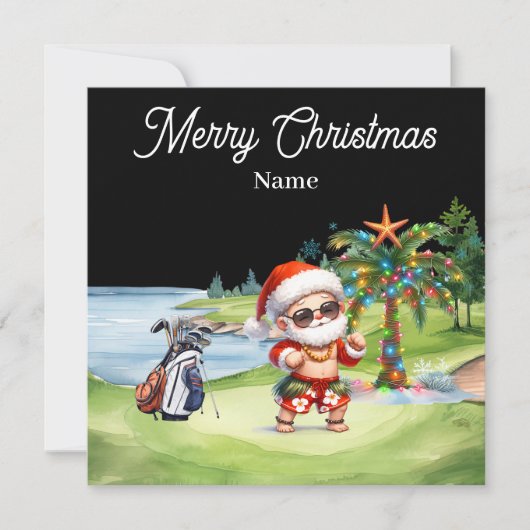 ハワイのサンタクロースが描かれたゴルフのクリスマスカード (正面)