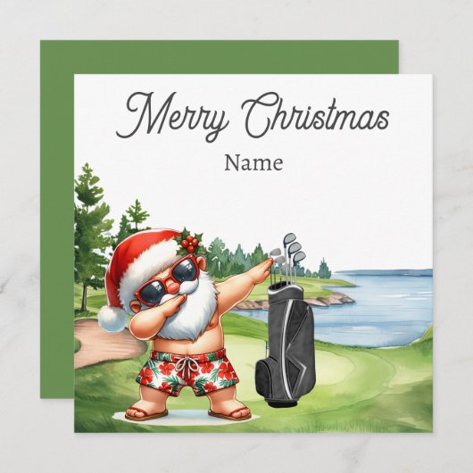 ハワイのサンタクロースが描かれたゴルフのクリスマスカード (正面/裏面)