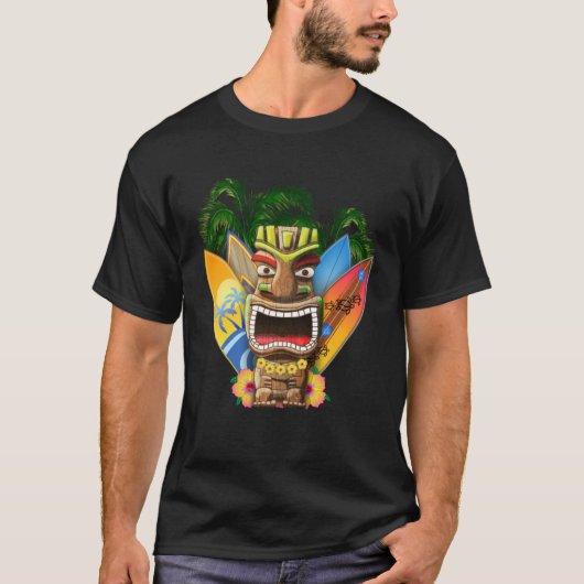 ハワイのティキとサーフボード Tシャツ (正面)