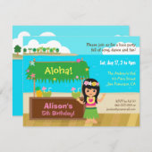 ハワイのテーマのフラ女の子のルアウ（ハワイ式宴会）の誕生会 招待状 (正面/裏面)