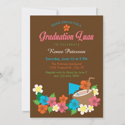 ハワイのハイビスカスのルアウ（ハワイ式宴会）の卒業の招待状 招待状 (正面)
