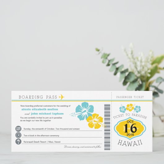 ハワイのハイビスカスの搭乗券の結婚式 招待状 (スタンド正面)