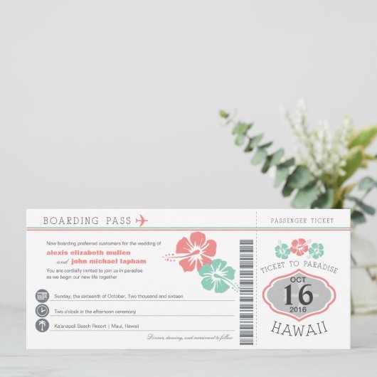 ハワイのハイビスカスの搭乗券の結婚式 招待状 (スタンド正面)
