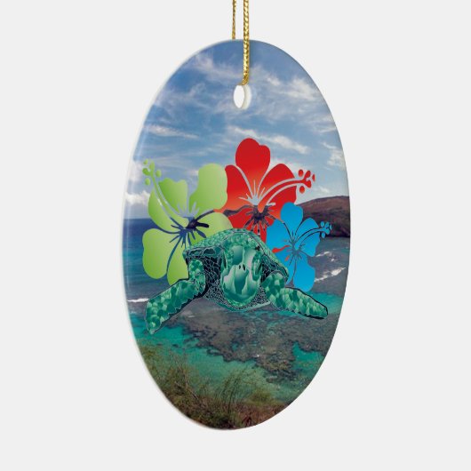 ハワイのハイビスカスの花およびカメ セラミックオーナメント (右)