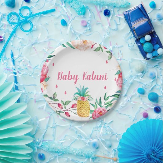 ハワイのパイナップル花の水彩画のシャワーのプレート ペーパープレート (パーティー)