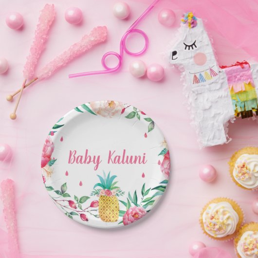 ハワイのパイナップル花の水彩画のシャワーのプレート ペーパープレート (パーティー)