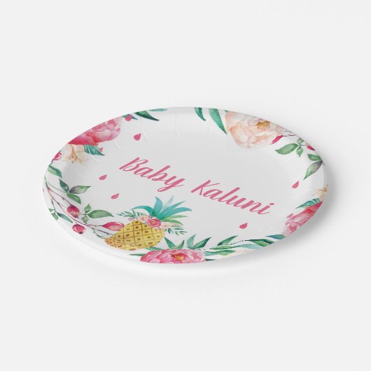 ハワイのパイナップル花の水彩画のシャワーのプレート ペーパープレート (アングル)