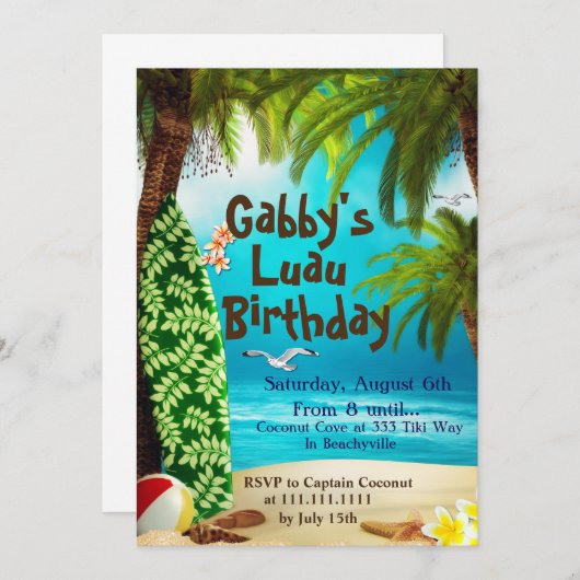 ハワイのパーティの招待状、ルアウ（ハワイ式宴会）のパーティの招待状 招待状 (正面/裏面)