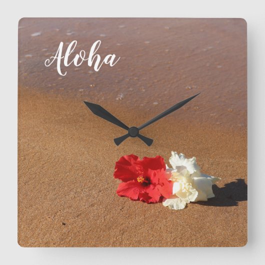 ハワイのビーチのハイビスカスの柱時計 スクエア壁時計 (正面)
