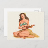 ハワイのピンアップ遊ガールスモールギタ絵を描ー、アート ポストカード (正面/裏面)