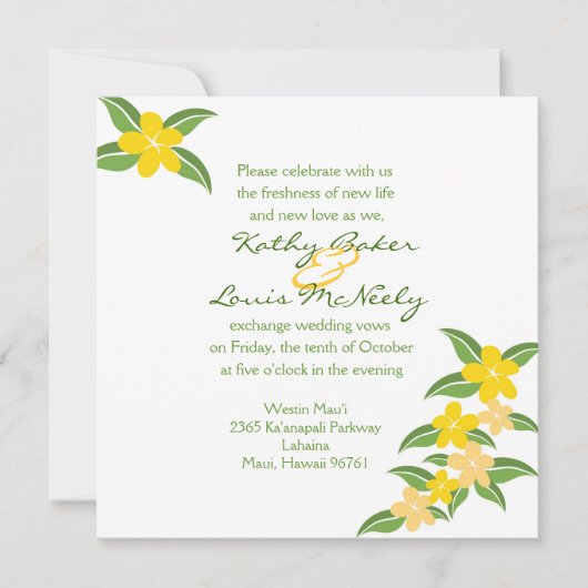 ハワイのプルメリアの結婚式招待状- 5.25 x 5.25 招待状 (正面)