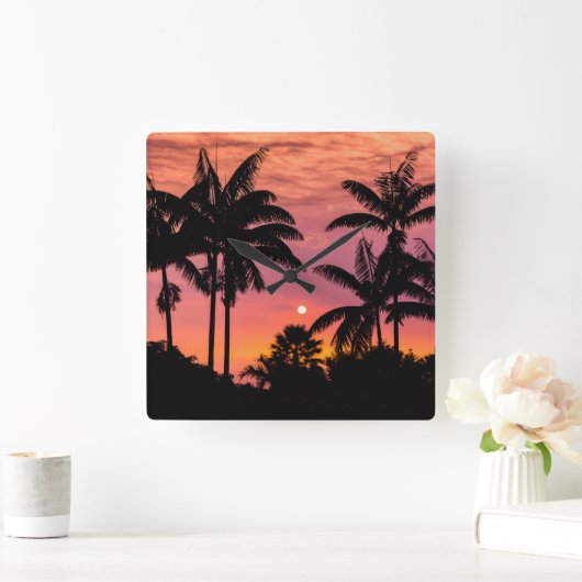 ハワイのヤシの木のシルエット スクエア壁時計 (ホーム)