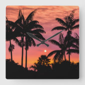ハワイのヤシの木のシルエット スクエア壁時計 (正面)