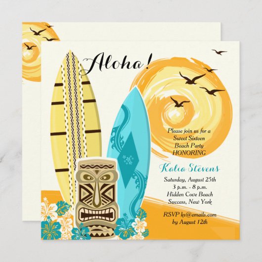 ハワイのルアウ(ハワイ式宴会)のサーフボードの招待状 招待状 (正面/裏面)