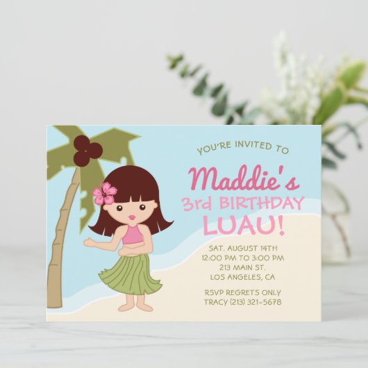 ハワイのルアウ（ハワイ式宴会）のフラ女の子の誕生日のパーティの招待状 招待状 (スタンド正面)