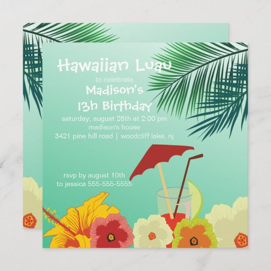 ハワイのルアウ（ハワイ式宴会）の誕生日のパーティの招待状 招待状 (正面/裏面)