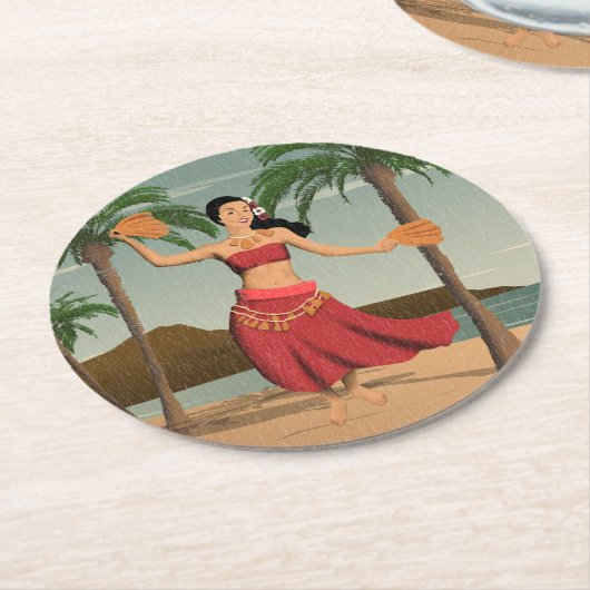 ハワイのヴィンテージのフラ女の子の動揺してな郵便はがき ラウンドペーパーコースター (アングル)