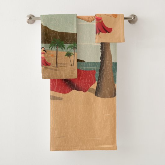 ハワイのヴィンテージのフラ女の子の郵便はがきの座標 バスタオルセット (インサイチュ)