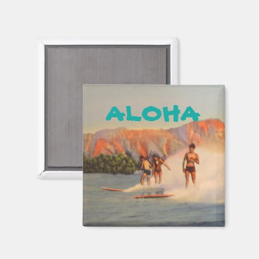 ハワイのヴィンテージサーファーとアロハ マグネット (正面/裏面)
