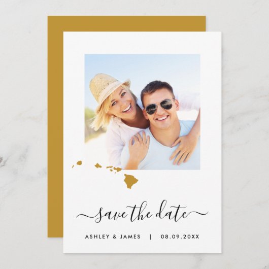 ハワイの地図フォトウェディング日付カードを保存 セーブザデート (正面/裏面)