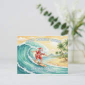ハワイの大きな波でサーフィンするサンタクロース シーズンポストカード (スタンド正面)