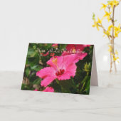 ハワイの幸せな母の日のピンクのストライプのなハイビスカス カード (黄色い花)