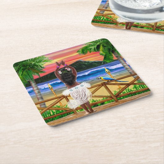 ハワイの日没のフラのダンサー スクエアペーパーコースター (アングル)