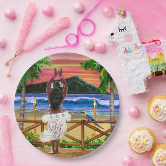 ハワイの日没のフラのダンサー ペーパープレート (パーティー)