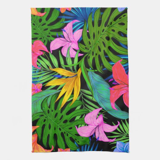 ハワイの熱帯花模様 キッチンタオル (縦)