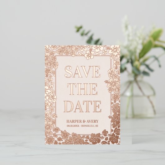 ハワイの結婚式の日付を保存 箔シーズンポストカード (立ち正面)