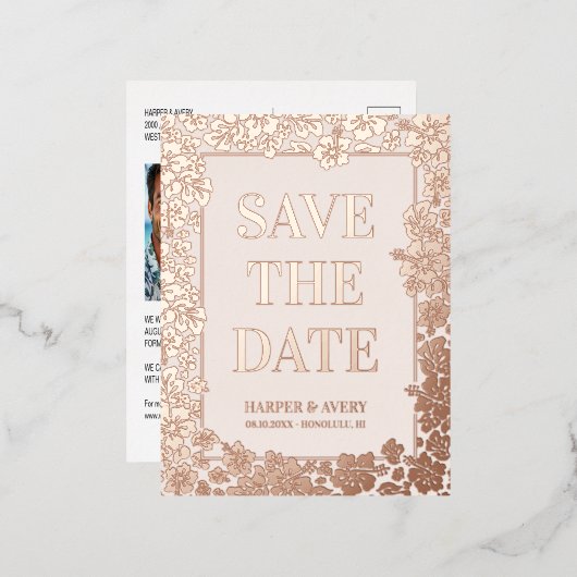 ハワイの結婚式の日付を保存 箔シーズンポストカード (正面/裏面)