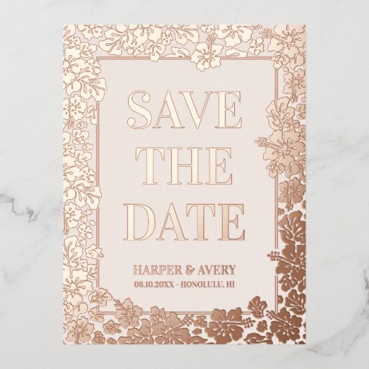 ハワイの結婚式の日付を保存 箔シーズンポストカード (正面)