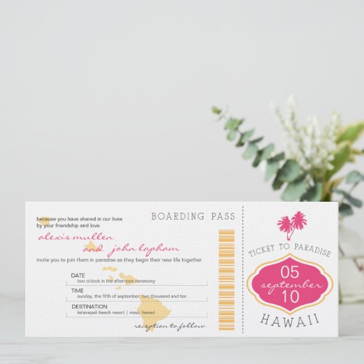 ハワイの結婚式招待状への搭乗券 招待状 (スタンド正面)