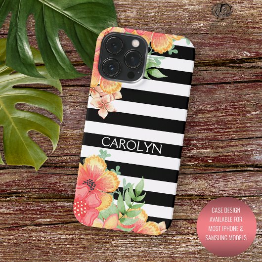 ハワイの花 黒 白 ストライプ パターン Case-Mate iPhoneケース