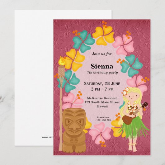 ハワイの誕生日ガール 招待状 (正面/裏面)