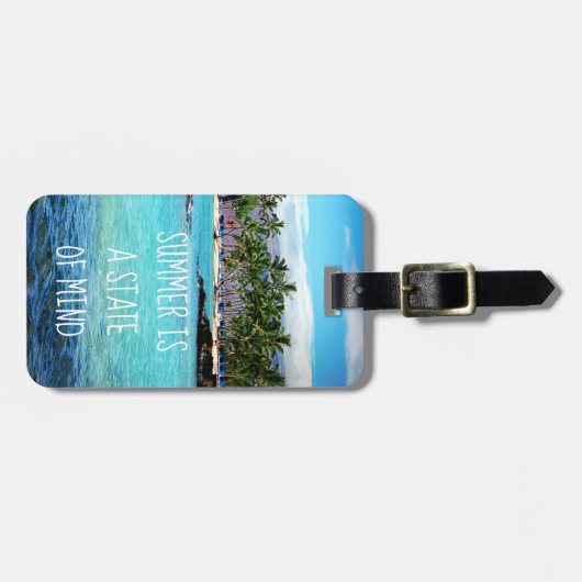 ハワイの青い海と緑のヤシの木「夏は」 ラゲッジタグ (正面横)